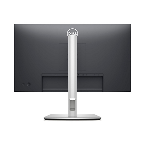 Rückansicht eines schwarzen Dell-Monitors mit silberfarbenem Standfuß. Das Dell-Logo ist mittig platziert. Anschlüsse und Knöpfe sind unten.