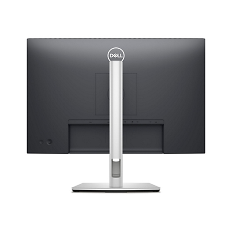 Rückansicht eines schwarzen Dell-Monitors mit silberfarbenem Standfuß und Dell-Logo.
