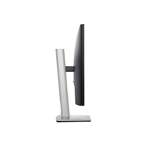 Seitenansicht eines schlanken, silbernen Monitors mit schwarzem Bildschirm und Standfuß. Der Monitor steht vor weißem Hintergrund.