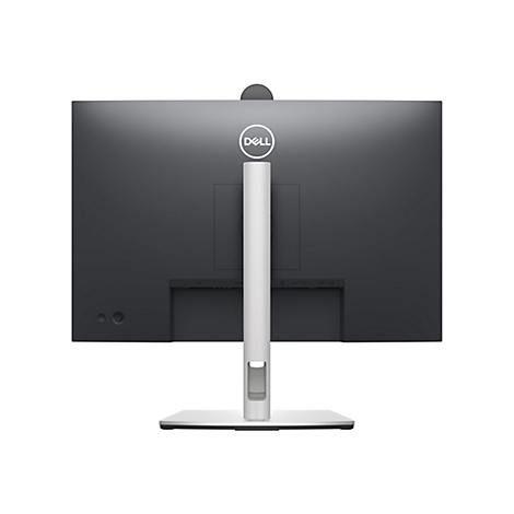 Vue arrière d'un moniteur Dell en gris. Le moniteur a une base blanche et un pied argenté. Le logo Dell est placé au milieu.