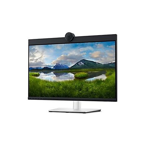 Monitor mit Landschaftsbild, Kamera oben, auf weißem Sockel.