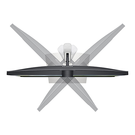 Draufsicht auf einen schwarzen Monitor mit höhenverstellbaren, sich überlappenden Halterungen. Der Dell-Schriftzug ist sichtbar.