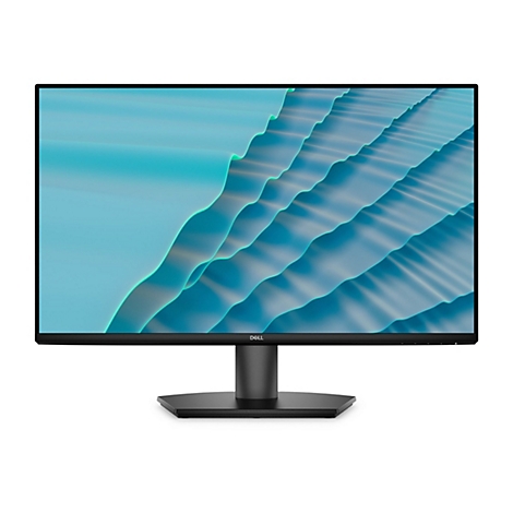 Un moniteur Dell noir sur fond blanc. L'écran affiche un motif abstrait en forme de vagues en bleu et turquoise.