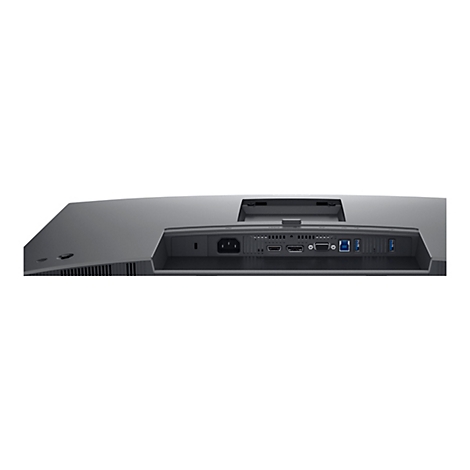 Rückseite eines grauen Monitors mit Anschlüssen, darunter Stromanschluss, HDMI, USB und DisplayPort. Hintergrund ist weiß.