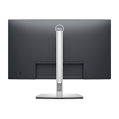 Rückansicht eines schwarzen Dell-Monitors mit silberfarbenem Standfuß und Logo. Anschlüsse unten.