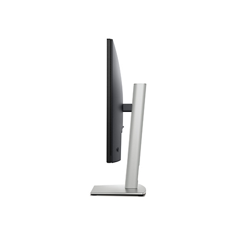 Vue latérale d'un moniteur gris élégant avec un support argenté, sur fond blanc.