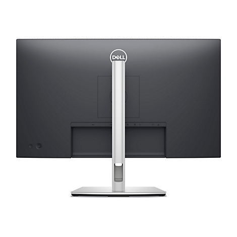 Rückansicht eines schwarzen Dell-Monitors mit silberfarbenem Standfuß und Mittelstange. Das Dell-Logo ist oben zentriert.