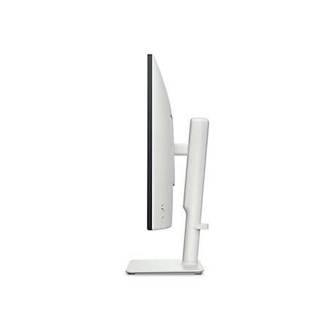 Vue latérale d'un moniteur blanc avec support. Cadre noir, boutons sur le côté, pont, base.