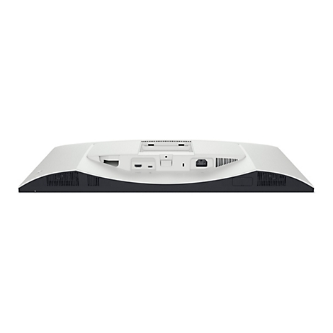 Rückseite eines weißen Monitors auf weißem Hintergrund. Sichtbar sind Anschlüsse wie HDMI und Stromanschluss, sowie Lüftungsschlitze.