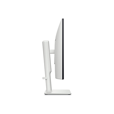 Seitenansicht eines weißen Monitors mit einem schwarzen Rahmen. Der Monitor steht auf einem weißen Standfuß vor weißem Hintergrund.