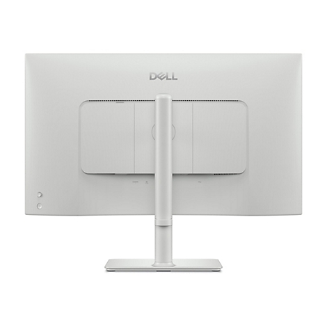 Arrière d'un moniteur Dell blanc. Un support relie le moniteur à une base carrée. Le logo Dell est en haut.