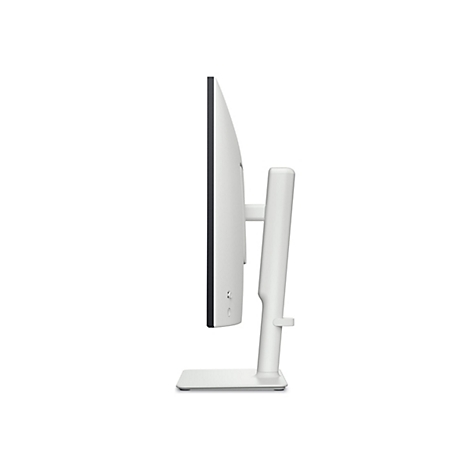 Vue latérale d'un moniteur blanc. L'écran a un cadre noir étroit. Le support est également blanc.