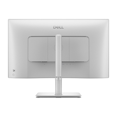 Vue arrière d'un moniteur Dell blanc avec support. Logo Dell en haut. Ports et boutons visibles.