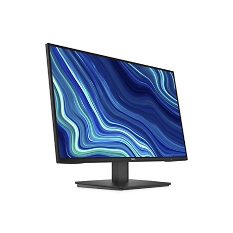 Un moniteur noir placé en biais. L'écran affiche un motif ondulé bleu et blanc. Le logo Dell est sur la base.