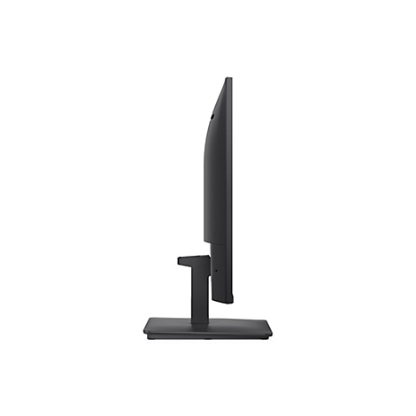 Moniteur noir de profil, avec support. Écran rectangulaire sur une base rectangulaire, avec une pièce de connexion allongée.