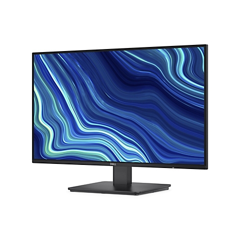 Un moniteur Dell affiche un motif abstrait bleu et blanc. Le moniteur repose sur un support noir, le fond est blanc.