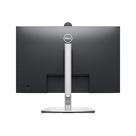 Rückseite eines schwarzen Dell-Monitors, mit Logo und silbernem Ständer.