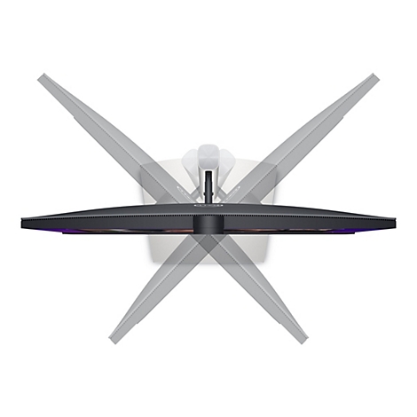 Draufsicht auf einen Monitor mit verstellbaren Beinen. Die Beine sind hellgrau, der Bildschirm schwarz. Die Beine sind in verschiedenen Winkeln abgebildet.