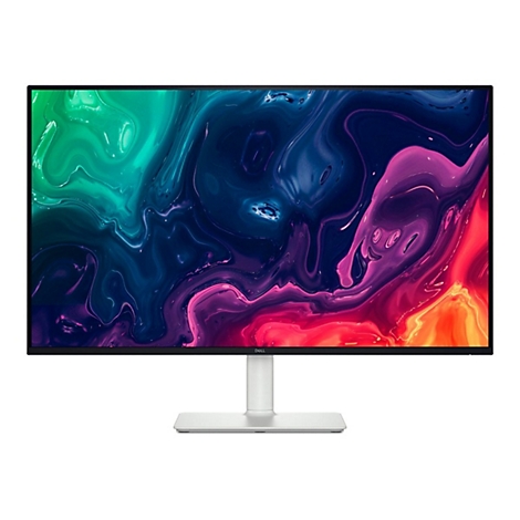 Moniteur Dell sur fond blanc. L'écran affiche un motif abstrait en vert, violet et orange.