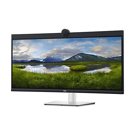 Un moniteur Dell avec webcam montrant un lac de montagne. Cadre noir, pied argent.