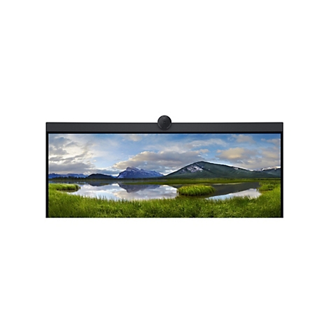 Un large moniteur avec un arrière-plan panoramique de montagne, avec une webcam au-dessus.