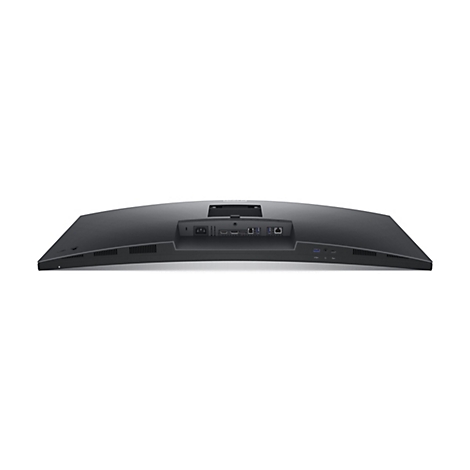 Vue arrière d'un moniteur incurvé noir avec divers ports et un connecteur d'alimentation.