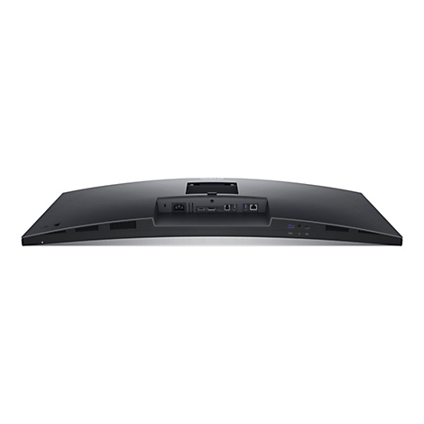Vue arrière d'un moniteur incurvé noir. Ports visibles, dont HDMI, USB et Ethernet.