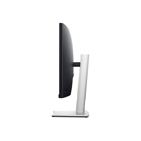 Vue latérale d'un moniteur noir avec un pied argenté, fond blanc.