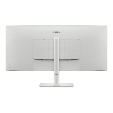 Rückansicht eines weißen Dell-Monitors. Unten befinden sich Anschlüsse, darüber der Schriftzug „DELL“. Der Monitor ist an einem Standfuß befestigt.