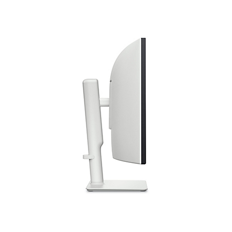 Seitenansicht eines weißen Monitors mit schwarzem Rand. Der Standfuß und der Arm sind ebenfalls weiß.