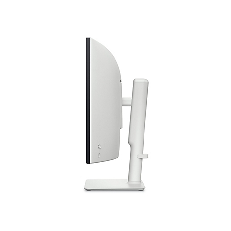 Vue latérale d'un moniteur blanc incurvé avec un fin bord noir et un pied blanc. Quelques boutons sont visibles.