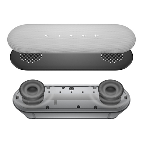 Hellgrauer Smart-Lautsprecher. Oben: Mesh-Gitter mit Bedienelementen, darunter schwarze Gehäuse. Unterteil: graues Gehäuse mit 2 Lautsprechern.