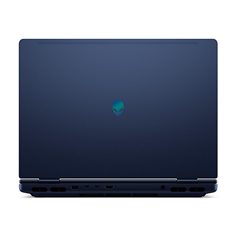 Dunkelblauer Laptop, Rückseite. Mittig Alien-Logo, grün-blau. Unten Ports, Lüftungsschlitze.