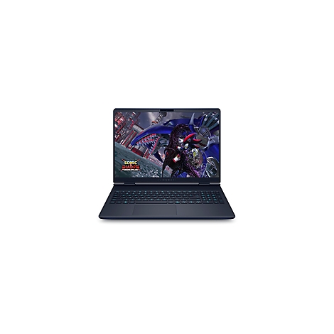 Dunkelblauer Laptop mit einem Spiel auf dem Bildschirm, Szene mit Sonic, Shadow und einem blauen Drachen.