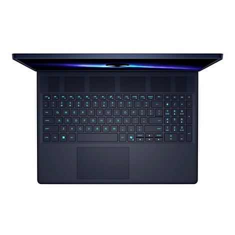 Dunkelblauer Laptop, Draufsicht. Geöffnete Tastatur, grüne beleuchtete Tasten. Schwarzer Rahmen.