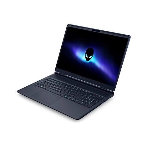 Dunkelblauer Alienware-Laptop mit Alien-Logo auf dem Bildschirm. Die Tastatur ist beleuchtet.