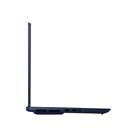 Dunkelblauer Laptop, Seitenansicht. Scharnier im geöffneten Zustand. Anschlüsse an der Seite.