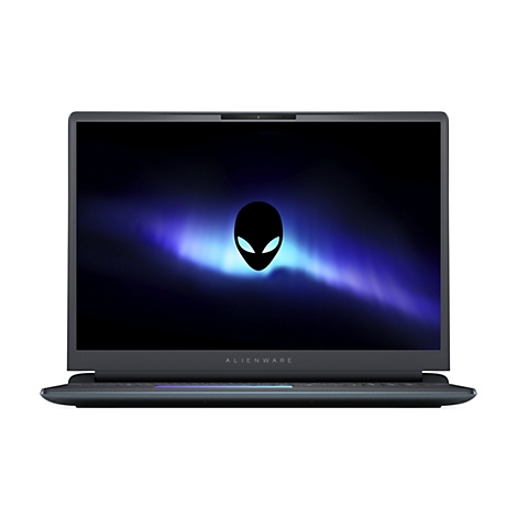 Ein Alienware Laptop mit dem Alien-Logo auf dem Bildschirm vor weißem Hintergrund. Der Schriftzug 'Alienware' ist unter dem Bildschirm zu sehen.
