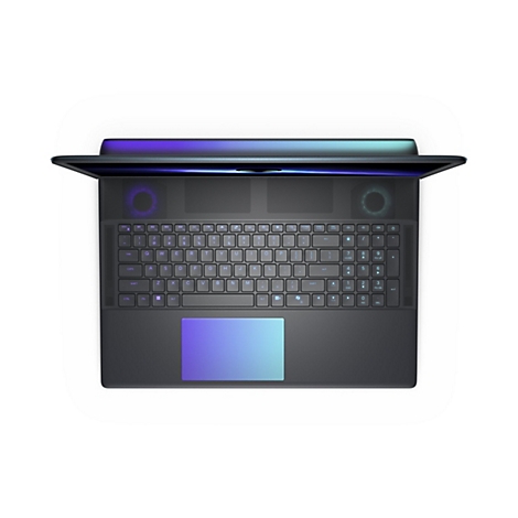 Draufsicht auf einen schwarzen Laptop mit beleuchteter Tastatur und Touchpad. Das Design ist minimalistisch und modern.