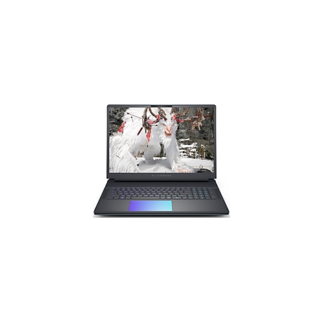 Schwarzer Laptop mit geöffnetem Display, auf dem ein Schneemonster in einer Winterlandschaft zu sehen ist.