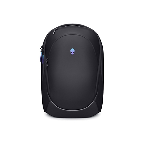 Schwarzer Rucksack mit Alienware-Logo. Die Reißverschlüsse haben farbige Anhänger.