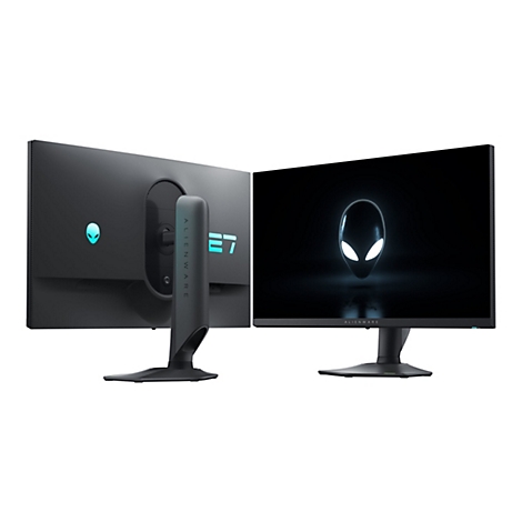 Deux moniteurs Alienware, un de dos et un de face. L'écran affiche un visage extraterrestre. Les deux sont sur fond blanc.