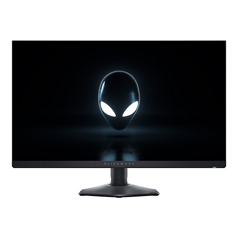 L'écran Alienware affiche un visage extraterrestre sur fond noir. En dessous, on peut lire Alienware. Cadre et pied noirs.