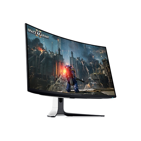 Gebogener Alienware-Monitor mit Spielgrafik, vor weißem Hintergrund. Der Bildschirm zeigt ein Raumschiff, das eine Stadt angreift.