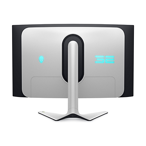 Rückseite eines schwarzen und silberfarbenen Alienware-Monitors mit der aufleuchtenden Zahl 32. Der Monitor wird von einem silberfarbenen Ständer getragen.