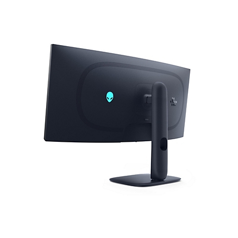 Vue arrière d'un moniteur Alienware sombre avec support. Le logo Alienware est turquoise.