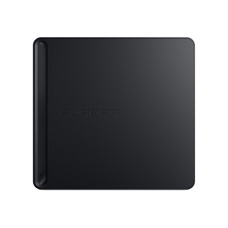 Schwarzer Computer, mit „AURORA“ Schriftzug. Abgerundete Kanten und vertikale Rille.