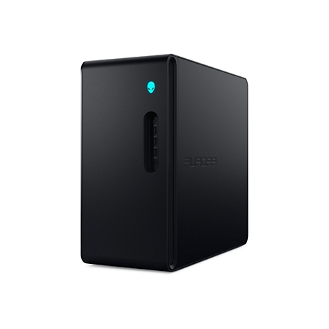 Schwarzer Alienware-PC auf weißem Hintergrund. Oben leuchtet ein Alien-Kopf blau. Unterhalb sind Anschlüsse.