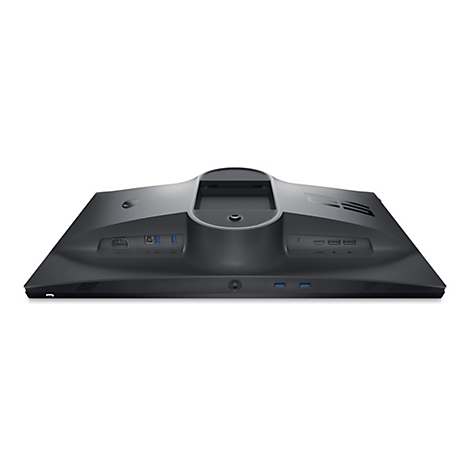 Rückseite eines schwarzen Monitors mit Anschlüssen für Strom, USB und HDMI, sowie Lüftungsschlitzen.