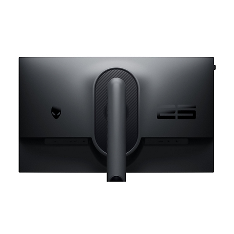 Rückseite eines schwarzen Gaming-Monitors mit Alienware-Logo. Die Standfußhalterung ist mittig platziert.